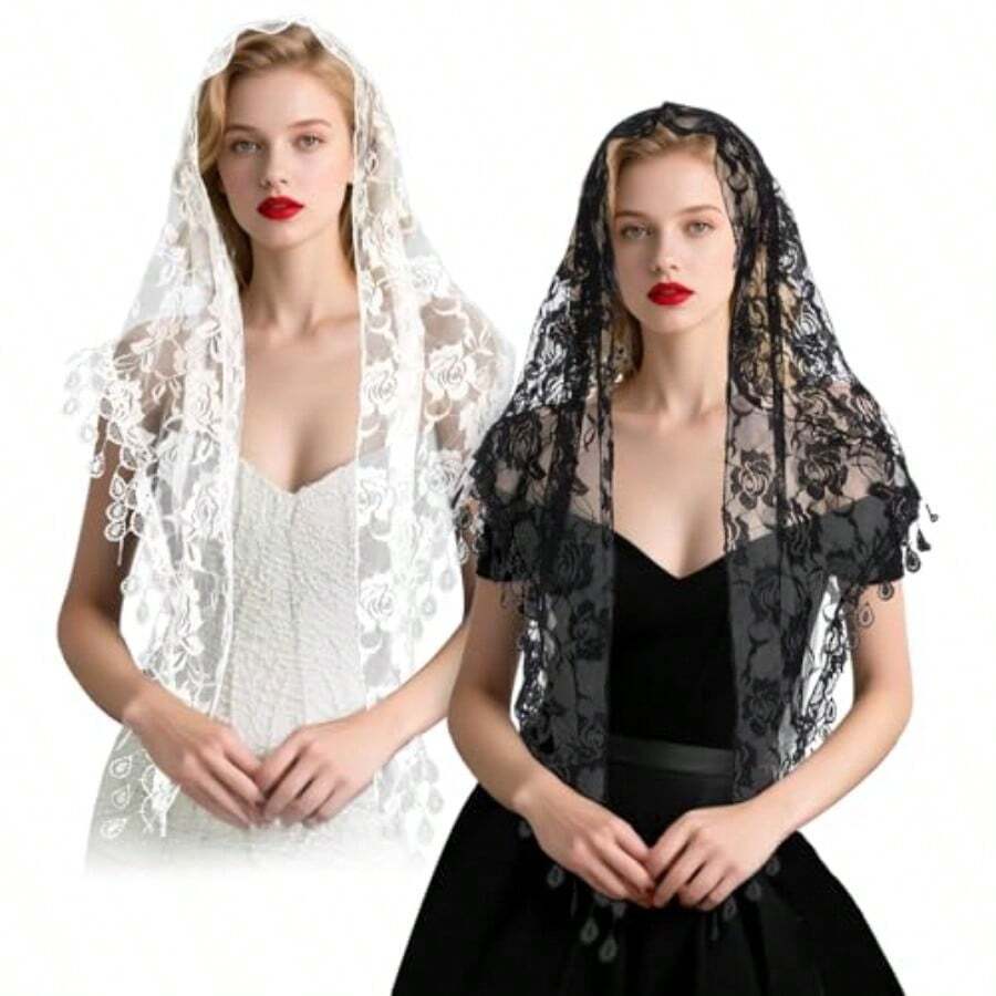 2 Pcs Mantilla Catholic Chapel Veils Triangle Veil Cathedral Head Covering Triangle Lace Tulle Scarf Covering For Women Latin Mass Veils Church Headband Floral Headwrap For Wedding Bridesmaid - 如圖所示 - 查看 1