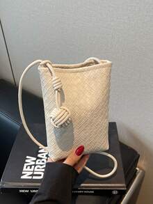 1件时尚别致的编织纹理手机包，春季新款斜挎包，户外搭配零钱包口红小手提包 - 白色 - 查看 3