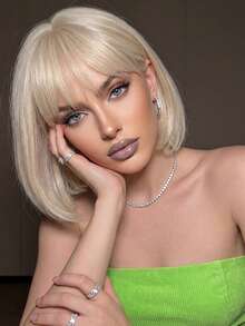 12 Inch Golden Bobo Wig For Women - With Bangs, Realistic Hairline, High-Quality Synthetic Hair | Everyday/Party Styling - Gold - View 4