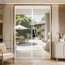 1 pieza Puerta de malla magnética extra grande de color blanco, mosquitera de uso doméstico de verano, puerta de pantalla de cierre automático para dormitorio, balcón, cocina, cortina de malla transpirable, cortina de puerta de gasa magnética suave para el verano - Rayas blancas magnéticas - Ver 3