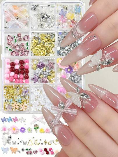 12 Grids Spring 3D Nail Charms Kit, Colorful Flower Pearl Rhinestone Mix For DIY Manicure, Salon Quality Nail Art Decoration Accessories,Kawaii Bow Alloy Starfish Summer Nail Supplies