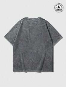 Plus Size Men's Casual Graphic Face & English Print Drop Shoulder Crew Neck T-Shirt, Streetwear Y2K Style, Suitable For Daily Wear - Grey - View 4