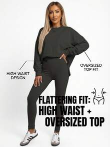 Women's 2 Piece Loungewear Set - Soft Ribbed Oversized Sweatshirt & High Waist Leggings-Ultra Soft Pajama Set For Women  - Casual Tracksuit For Airport Outfit & Lounging-Cozy Matching Outfit For Travel Yoga Home - 黑色 - 查看 6
