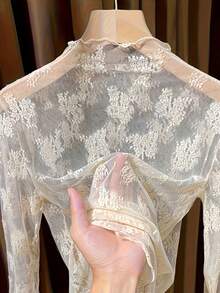 Women Lace Turtleneck Undershirt, Elegant Netted Long Sleeve Top Casual Spring - Apricot - View 8