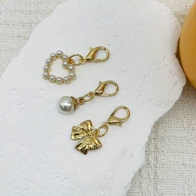 3pcs Heart-Shaped Bow Bag Charm/Keychain Set, Including Gold Heart Bow, Pearl, Beaded, Earphone Holder, Women Bag Pendant, Car Keychain, Suitable For Holiday Gifts, Back To School Gifts Or Shoe Decorations