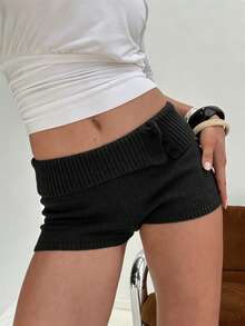 Women's Fold Over Waist Knitted Shorts Y2k Low Waist Striped Print Color Block Slim Fit Hot Pants Party Clubwear Going Out Sweater Shorts Loungewear Bottoms Stretchy Yoga Shorts Summer Casual Active Jogger Sweatshorts - 黑與白 - 查看 3