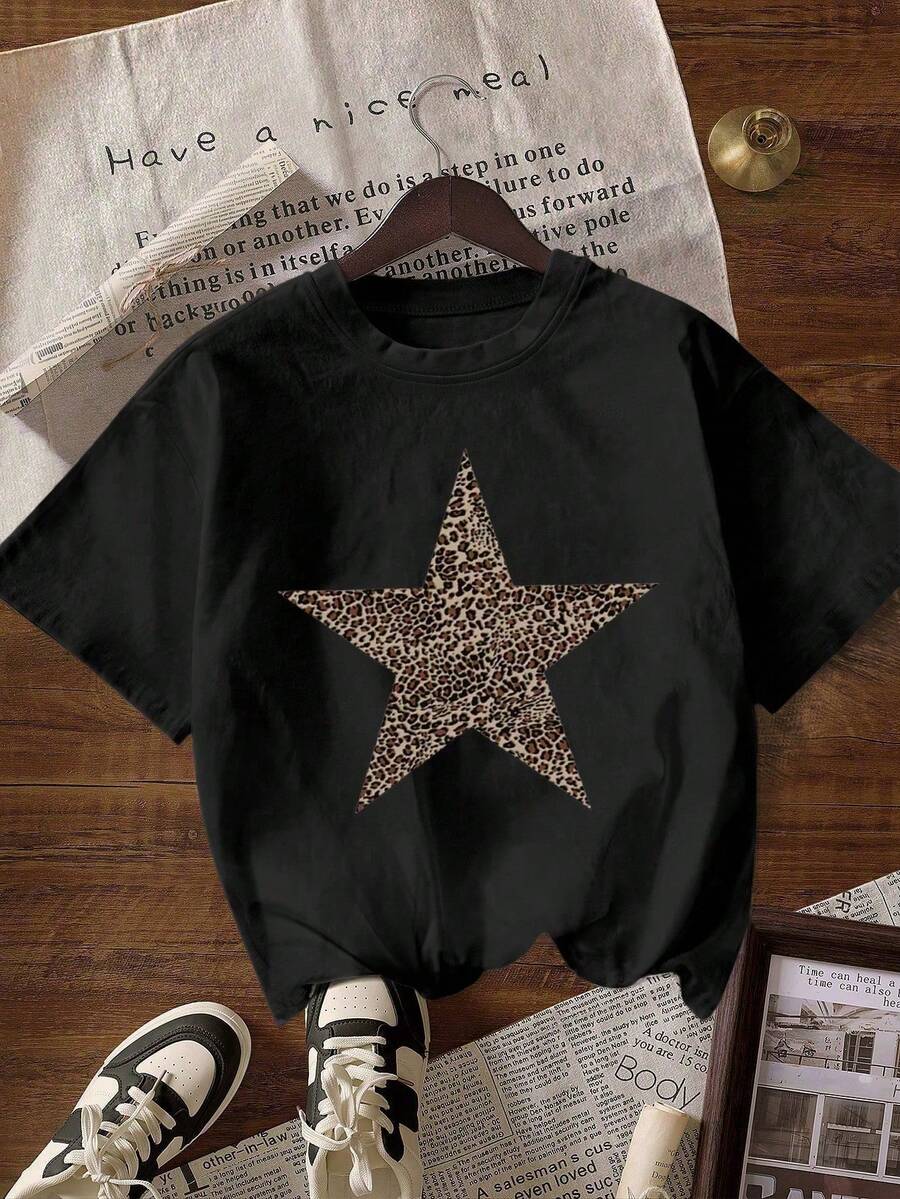 Áo thun nữ cỡ lớn tay ngắn cổ tròn họa tiết da báo và ngôi sao, màu đen, phong cách thường ngày, thích hợp cho mùa hè. - màu đen - Xem 1