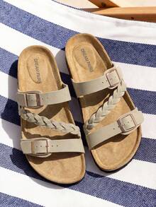 Women Slingback Flats Sandals Open Toe Cork Footbed Slides Sandals Slip-On Adjustable Buckle Braided Strap For Summer Beach Vacation Comfortable Walking Shoes - 卡其色 - 查看 2
