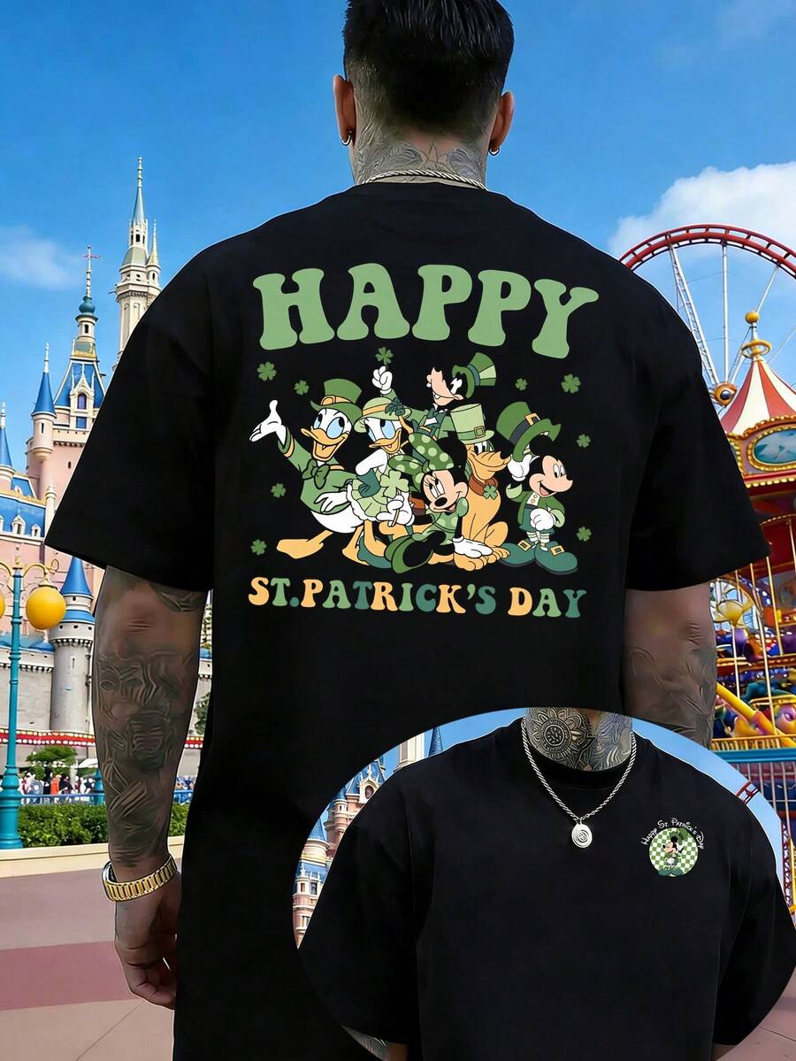Disney Men's St Patricks Day T-Shirt With Mickey Mouse, Donald Duck, Goofy, And Clover Prints. Lucky Round Neck Short-Sleeved Men's Top, Comfortable, Breathable, And Skin-Friendly Pure Cotton, Suitable For Holiday Outings, Vacations, And Everyday Commuting. - Black - View 1