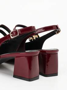 Novos Sapatos de Salto Alto Elegantes para Mulheres, Primavera/Verão, Salto Grosso Confortável, Sandálias de Tira Única Tipo Mary Jane, Bico Fino, Vinho, Sem Parte Traseira - Vinho - Visão 8