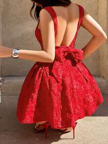 abyoxi 女士红色提花方领吊带背心，腰间系蝴蝶结，荷叶边迷你裙套装，性感甜美优雅浪漫，适合派对、约会、正式晚宴、情人节、春夏穿着，修身迷你连衣裙 - 查看 1