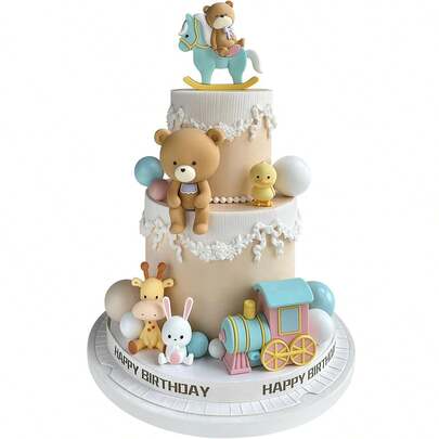 4 phụ kiện trang trí bánh hình gấu - Trang trí bánh hình gấu với bóng tàu hỏa, thích hợp để trang trí bánh sinh nhật cho bé trai và bé gái. Màu sắc macaron trang nhã thu hút sự chú ý và tạo nên không khí ấn tượng.