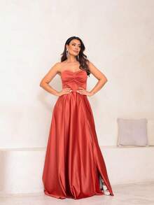 Long Strapless Satin Dress With Side Slit, Casual Party Style. - Terracotta - View 2