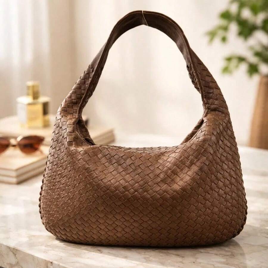 Elegant Women's Shoulder Bag In Braided Faux Leather - Cà phê - Xem 1