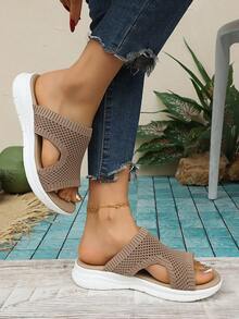 2026 New Women's Knitted Slip-On Sandals | Breathable Mesh Platform Sandals | Summer Non-Slip Soft Bottom Casual Beach Shoes - Khaki - View 5