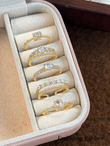 5件套简约奢华高端时尚优雅合成立方氧化锆戒指套装，适合派对、婚礼、节日作为女士礼物（不含礼盒） - 金黃色 - 查看 12