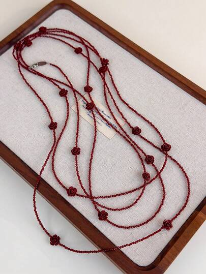 1件装时尚性感红玫瑰长款串珠项链，可叠戴搭配毛衣，优雅小众奢华