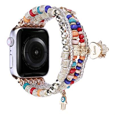1pc Bohemian Style Handmade Beaded Bracelet, Colorful Cute Cartoon Beaded Elastic Pendant Bracelet, Compatible With Apple Watch Band 38/40/41/42/44/45/46/49mm, Fashionable Personalized Daily Outfit Accessory For Young Girls, Ultra 3/2/1 Series SE/S10/S9/S8/S7/S6/S5 Smart Watch Strap