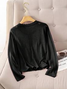 GIGOGOU 女士轻薄针织开衫，休闲透气长袖，春夏黑色 - 黑色 - 查看 2