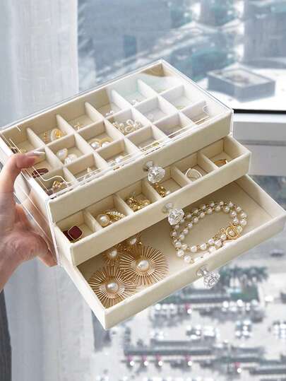 3-Tier Flocked Jewelry Box, Multi-Functional Stackable Transparent Jewelry Organizer With 3 Drawers, Anti-Oxidation Jewelry Storage Box For Earrings, Rings, Necklaces, Bracelets, Pendants, Ideal For Birthday, Valentine's Day And Anniversary Gifts, Display Case