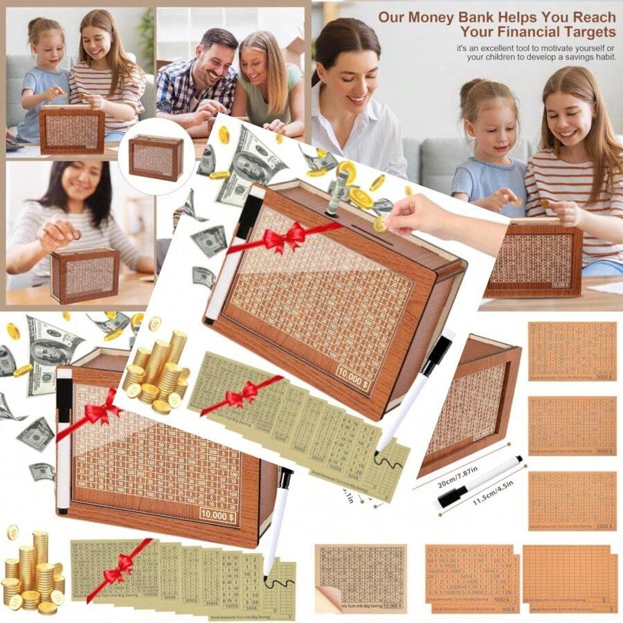 Money Saving Box Piggy Bank For Adults 10000 Savings Challenge Box Money Box Wooden Reusable Savings Box With 10000 5000 3000 2000 1000 500 Target Best Gift For Adult Friends 8SheetsBrown - MoneySavingBoxbrown - View 1