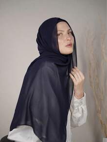 1pc Instant Jersey Hijab With Chiffon Hijab, Silky Soft Breathable Fabric, Suitable For Daily Wear, Festivals, Prayers, Pilgrimages - Navy Blue - View 4