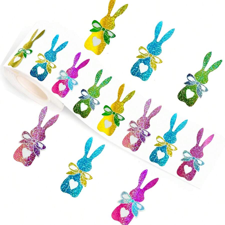 500张激光复活节兔子贴纸卷，5种颜色，春季闪亮兔子自粘封口贴纸，蝴蝶结兔子贴纸，美观贴花，适用于春季信封日记装饰、生日节日派对用品 - 彩色 - 查看 1