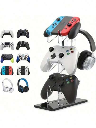 3-Tier Acrylic Game Controller Stand With Charging Cutouts, Universal Headset & Gamepad Holder For PS*5/PS*4/Xb*Ox Series X/S/Swi*Tch, Clear Desktop Gaming Accessories Organizer