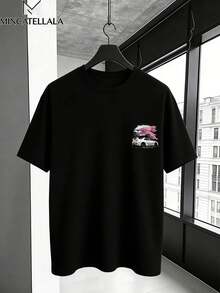 2026 Top JDM Car Cherry Blossom Landscape Pattern Men's T-Shirt, Men's Clothing, Printed T-Shirt, Men's Gift, Holiday Outfit, Casual Loungewear, Fashi - 黑色 - 查看 3
