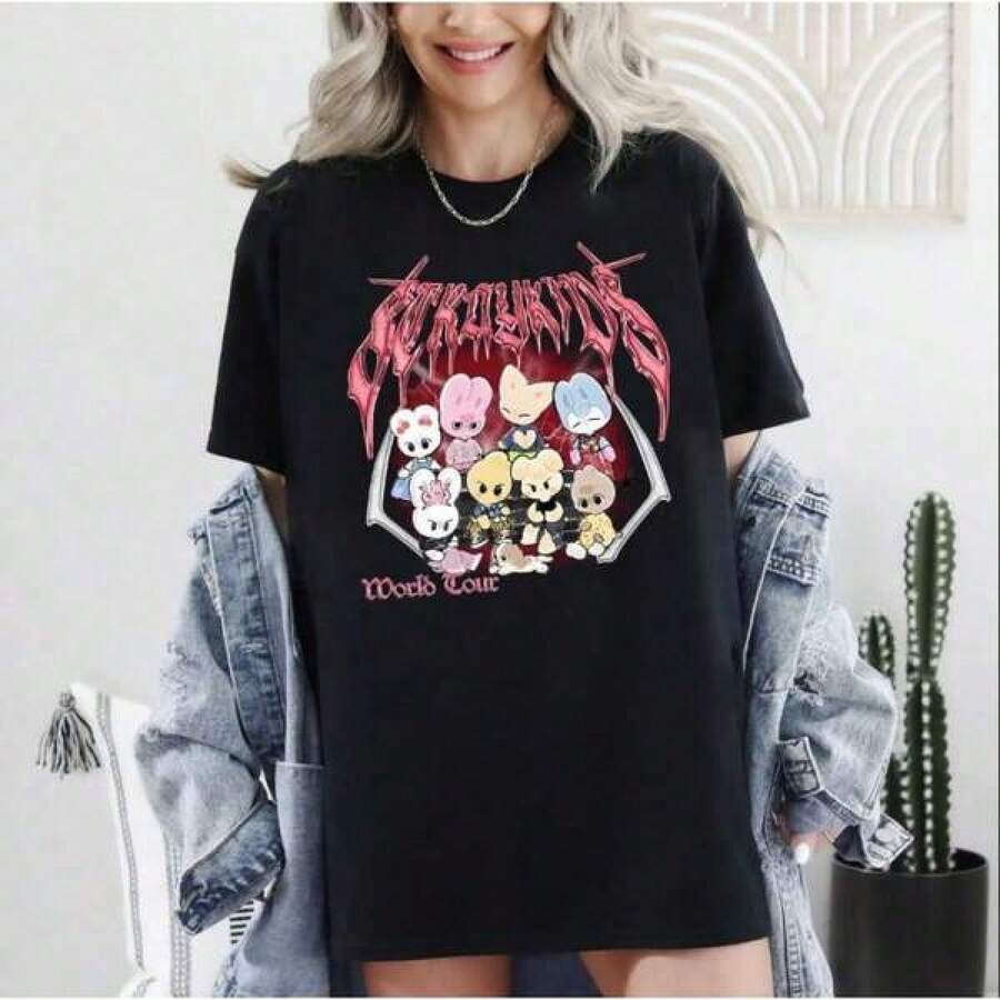 Skzooo Domin ATE World Tour Printed T-Shirt For Valentine's Day 2026, Stray.Kid World Tour Shirt, K-Pop Shirts, SKZ Merchandise, K-Pop, 100% Cotton, Crew Neck, Short Sleeves, Classic Style, Concert T-Shirt, K-Pop Star Print T-Shirt, Comfortable And Casual, Suitable For All Seasons, Party T-Shirt, Couple T-Shirt, Perfect Gift, No. 062 - 黑色 - 查看 1