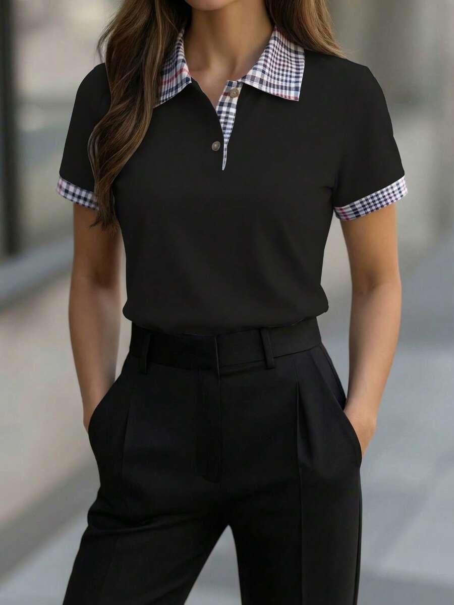 新款女士时尚休闲格子拼接 Polo 领 T 恤，春夏黑色 - 黑色 - 查看 1