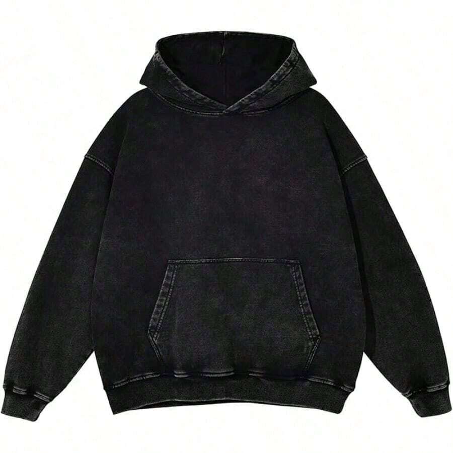 Men's Fashionable Autumn Washed Distressed Pocket Hoodie, Mens Hoodies Vintage Oversized Hoodie Acid Wash Couples Cotton Pullover Hoodies Streetwear - 黑色 - 查看 1