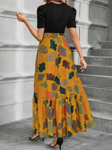 KeKe Bloomly Women's Elegant A-Line Dress With Puff Sleeves, Bow Decor, Color Block Design, Round Neck, Machine Washable, Casual Dress For Spring/Summer, Suitable For Work, Party, Beach, High-End Vacation - Yellow - View 4