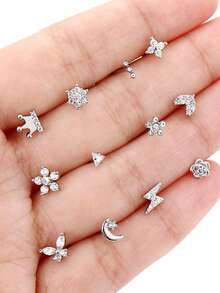 12 piezas Anillos de nariz en forma de L con circonita cúbica, diseños de mariposa, flor, ojo, luna, corona y rayo para mujeres y hombres - Plateado - Ver 7