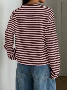 Casual Loose Striped Color Block T-Shirt Spring - Rusty Rose - View 6