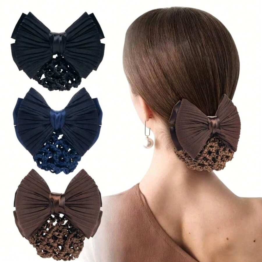 3pcs/Set Dual-Layer Mesh Hair Nets, Knitted Hair Nets, Bow Decor Hair Clips, Women Mesh Work Hair Nets, Hair Styling Tools, Beauty Accessories Hair Tool Kit Bedroom Decor Hair Accessories - Multicolor - View 1