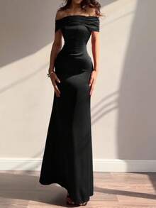 WOWDARK Women's Summer Off-Shoulder Tie Strap Solid Color Elegant Party Dress Black Wedding - Black - View 4