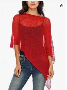 Women Sheer Mesh Poncho Top Crochet Knit Lightweight See Through Shawl Wrap Summer Oversized Loose Shrug Beachwear Swimsuit Bikini Cover Ups - 紅色 - 查看 7