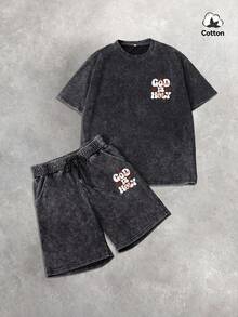 Hemo 男士街头风印花T恤短裤套装，弹力水洗黑色休闲日常两件套，夏季 - 黑色 - 查看 2