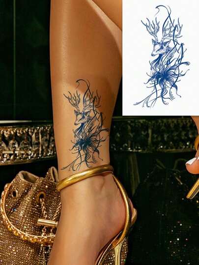 1 Stück krautige temporäre Tattoo Aufkleber, wasserfester Hirschmuster Körperkunst Tattoo, modernes blaues Tattoo Design, hält 7-14 Tage, geeignet für Brust, Taille, Handgelenk, Schulter, Nacken, Knöchel oder Rücken, ideal für Partys, Geschenke, Urlaub, einfach anzubringen und zu entfernen Einweg-Tattoo Aufkleber