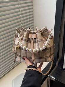 迷你水桶包、格子珍珠手提包、单肩斜挎包、多功能链条包 - 卡其色 - 查看 2