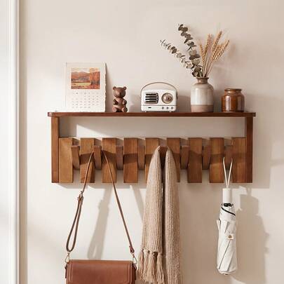 EZIFY Wall Mounted Coat Rack With Shelf, Wooden Hanger With 6/8 Magnetic Hooks, For Clothes, Hats, Towels, Bags & Robes, Brown