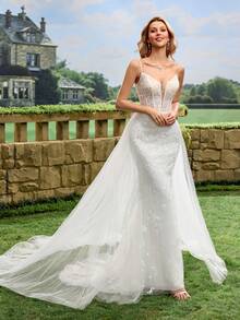 Plant Embroidery Mesh Fishtail Hem Backless Strap Wedding Dress - White - View 11