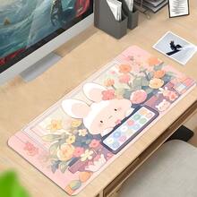 YUFZX Large Extended Pink Rabbit & Floral Pattern Mouse Pad, Non-Slip Rubber Base With Stitched Edges, Cute Aesthetic Art Style Desk Mat, Durable Computer Accessory For Home Office And Gaming, Ideal Gift For Gamers And Cute-Loving Teenage Girls - View 4