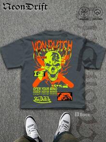 SummerNeonDrift Street Double-Sided Printing Cotton T-Shirt 100% Cotton Fabric Unisex Style-Men T Shirt Skull Graphic Print Neon Yellow Orange Cross Design Streetwear Fashion Casual Wear For Urban Style Fans Hip Hop Look Breathable 100 Cotton Comfortable FitLoose And Comfortablesummer Clothes - Dark Grey - View 3