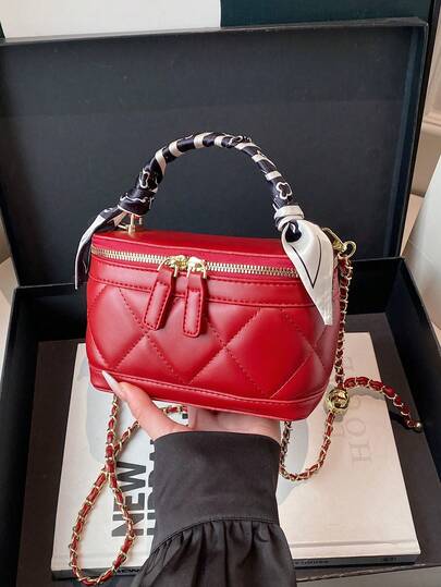 New Solid Color Rhombus Embroidery Women Box Bag Makeup Bag Chain Mini Handbag Shoulder Bag Casual Crossbody Bag