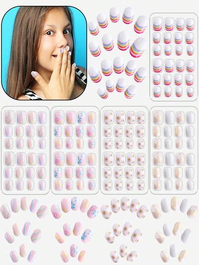 NAIO 120 Pcs Spring/Summer Children's Acrylic False Nail Set, 5 Packs, Press-Type Pre-Coated Full-Coverage Glitter Rainbow Flower Short False Nail Art Set, Suitable For Little Girls - Garden Series