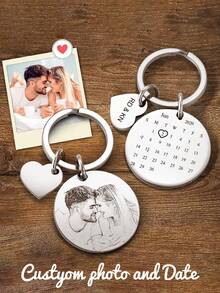 Llavero con fecha grabada por láser personalizado, llavero de acero inoxidable con calendario DIY para regalo de fecha especial, llavero con foto para regalo familiar - Plateado - Ver 11
