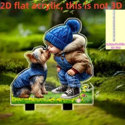 2D 平面设计，1 件装，描绘了一位小主人和一只狗，采用亚克力材料制成，现代简约风格花园装饰插牌，经久耐用，耐磨损，适用于花园、盆栽植物、草坪和庭院，地面安装类型，适合全年户外花园装饰。
