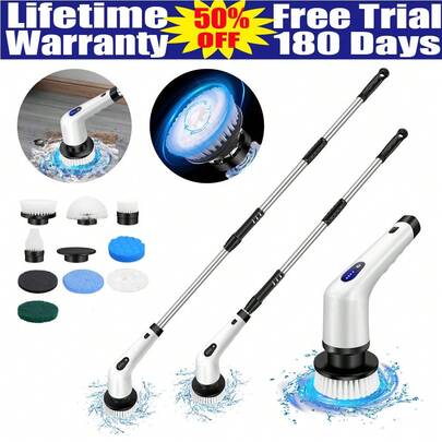VickyHome Electric Rotary Cleaner, 2H Power Dual Speed Cordless Cleaning Brush, Adjustable Extension Handle With 9 Replaceable Brush Heads, Suitable For Bathroom Bathtub Tile Floor Car